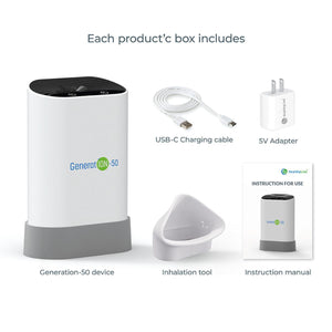 HealthyLine Generation-50 device with USB-C cable, 5V adapter, inhalation tool, and instruction manual