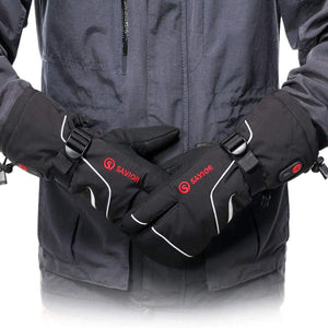 Person wearing black Savior heated mittens with adjustable wrist straps