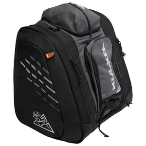 Kulkea black and grey ski boot backpack with side pockets and zipper closures