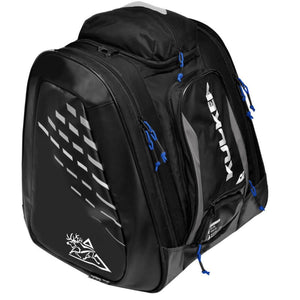 Black Kulkea thermal boot bag with blue zipper pulls and white graphic accents