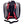 Back view of a black and silver backpack with red adjustable straps and a waist buckle