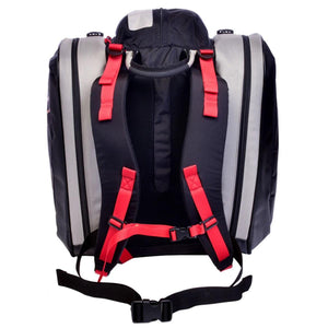 Back view of a black and silver backpack with red adjustable straps and a waist buckle
