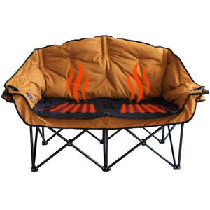 Tan and black heated folding camping loveseat with two cup holders