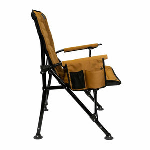 KUMA Outdoor Gear tan folding camping chair with black frame and side storage pockets