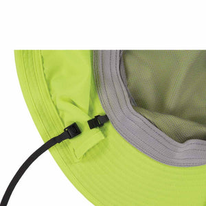 Chill-Its lime green sun hat with grey mesh lining and black chin strap buckle