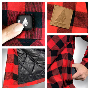 ActionHeat red and black plaid flannel shirt showing power button, brand patch, quilted lining, and side pocket