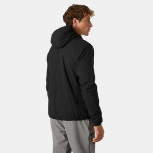 Man wearing a black Helly Hansen hooded jacket from the back