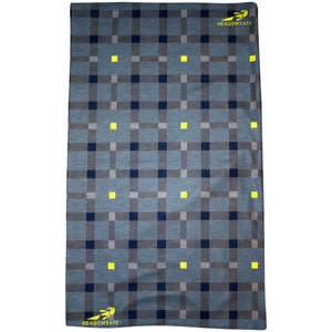 Headsweats blue and grey plaid neck gaiter with yellow accents