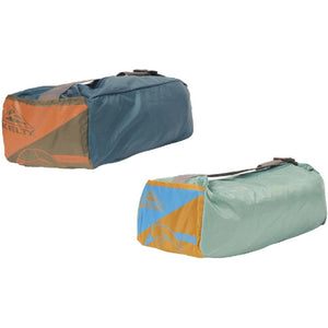 Two Kelty tent storage bags in blue and green colorways