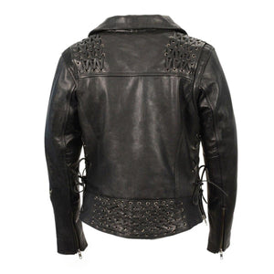 Back view of Milwaukee Leather black motorcycle jacket with laced shoulder and waist detailing