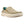 Korkers tan canvas slip on shoe with white rubber sole and blue patterned interior lining