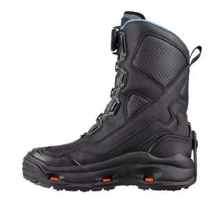Korkers black wading boot with dial lacing system and orange sole accents