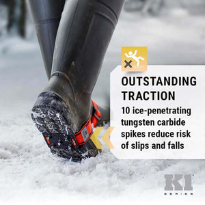 K1 Series ice cleats with 10 tungsten carbide spikes on rubber boots for traction on snow