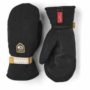 Hestra black leather and fabric mittens with Gore Windstopper label