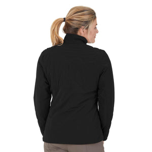 Back view of a woman wearing a black Outdoor Research jacket