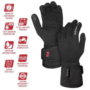 Gerbing black heated motorcycle gloves with feature icons for battery power and temperature settings