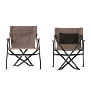 Front and back view of a brown Snow Peak folding camping chair with black metal frame and wooden armrests