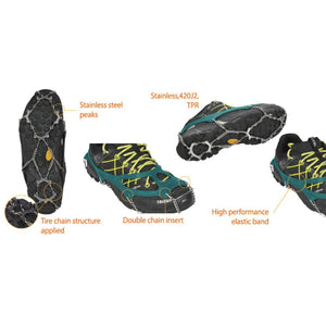 Snowline traction cleats showing stainless steel peaks, tire chain structure, double chain inserts, and elastic bands