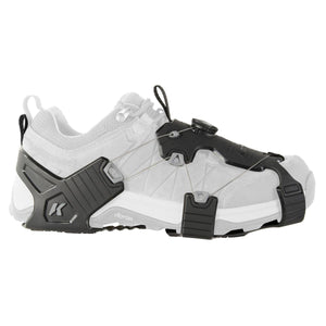 Korkers traction device attached to a light grey hiking shoe