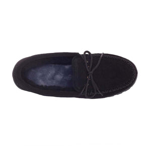 Cloud Nine Sheepskin black suede moccasin slipper with tie detail