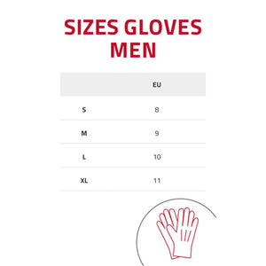 Lenz men glove size chart showing EU sizes for small medium large and extra large