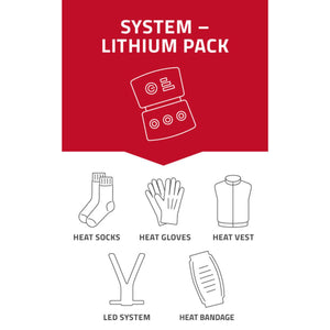 Lenz lithium pack system diagram showing compatibility with heat socks gloves vest LED system and heat bandage