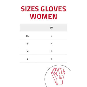 Lenz women glove size chart showing XS to L sizes corresponding to EU sizes 6 to 9