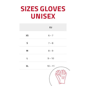 Unisex glove size chart showing EU measurements for sizes XS to XL