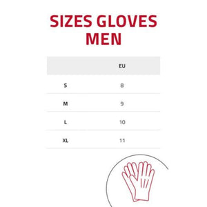 Lenz men glove size chart showing EU sizes for small medium large and extra large