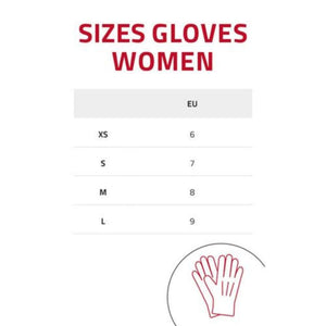 Lenz women glove size chart showing XS to L sizes corresponding to EU sizes 6 to 9