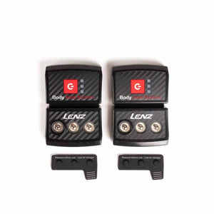 Two Lenz Body Heat System battery packs with carbon fiber texture and protective storage caps