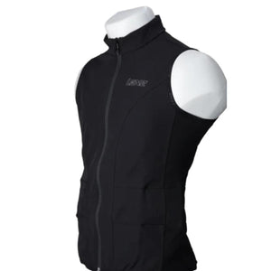 Lenz black sleeveless vest with front zipper on a mannequin