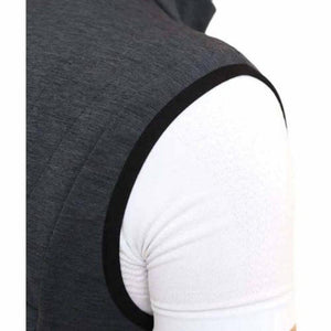 Close up of Lenz grey sleeveless hoodie over white shirt