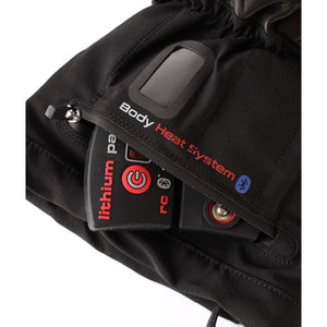 Black heated glove cuff with lithium battery pack inserted into zippered pocket