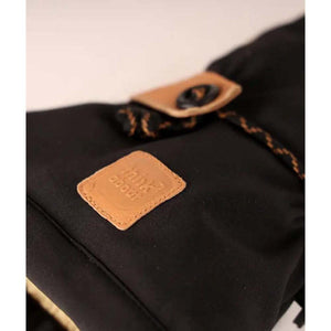 Lenz black glove detail with tan leather patch and drawstring closure