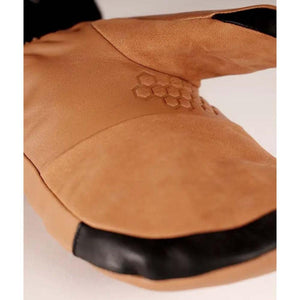 Tan leather Lenz mitten with black trim and embossed honeycomb pattern