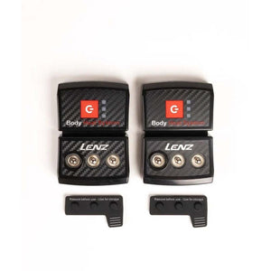 Two Lenz Body Heat System battery packs with snap connectors and protective covers