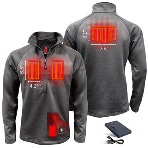 ActionHeat grey fleece jacket showing heating element dimensions and battery pack