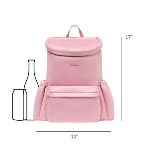 Pink Corkcicle backpack with 12 inch width and 17 inch height dimensions shown