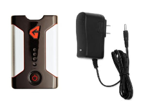 Portable battery pack with G logo and power adapter with cord