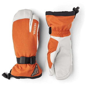 Hestra orange and white three finger ski mittens with adjustable wrist straps