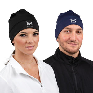 Woman wearing black Mission beanie and man wearing navy blue Mission beanie