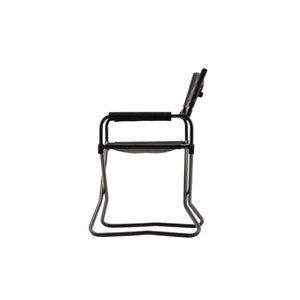 Side view of a black folding camping chair with mesh seat and backrest