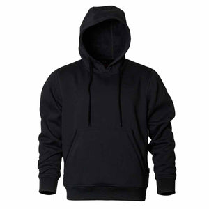 Mobile Warming black pullover hoodie with drawstring hood and front kangaroo pocket