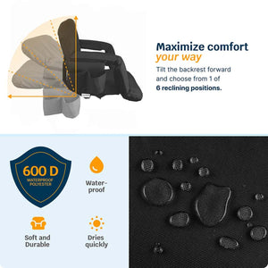 Black stadium seat showing six reclining positions and waterproof 600D polyester fabric features