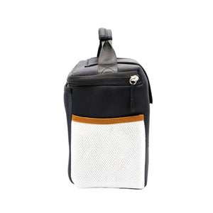 Side view of black insulated lunch bag with white mesh pocket and brown trim