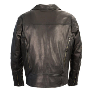 Back view of a black Milwaukee Leather motorcycle jacket with vertical zippered vents