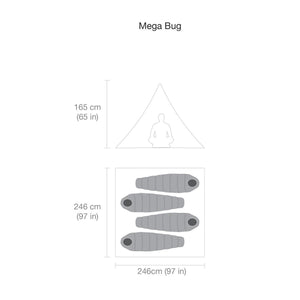 Black Diamond Mega Bug tent dimensions diagram showing height and floor space with four sleeping bags