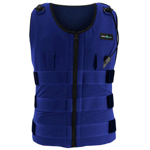 AlphaCool blue cooling vest with front zipper and adjustable velcro straps