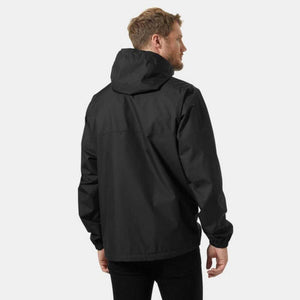 Man wearing a black Helly Hansen hooded rain jacket from the back